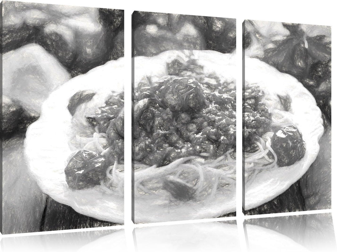 Pixxprint Spaghetti Bolognese auf dem Teller / 3-Teilig/Gesamtmass 120cm Leinwandbild bespannt auf H