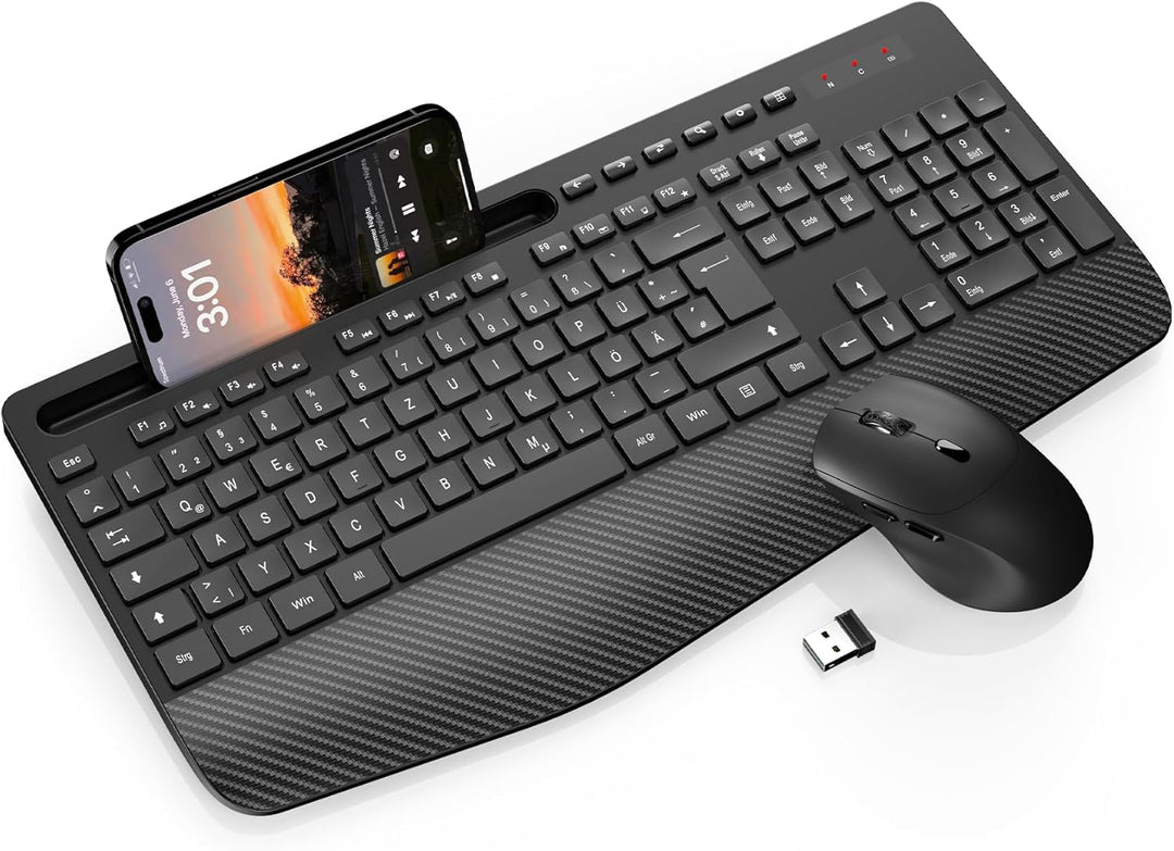 Tastatur Maus Set Kabellos, Ergonomische Tastatur in Voller Grösse mit Handgelenkauflage, Telefonhal