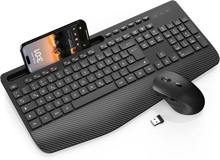 Tastatur Maus Set Kabellos, Ergonomische Tastatur in Voller Grösse mit Handgelenkauflage, Telefonhal