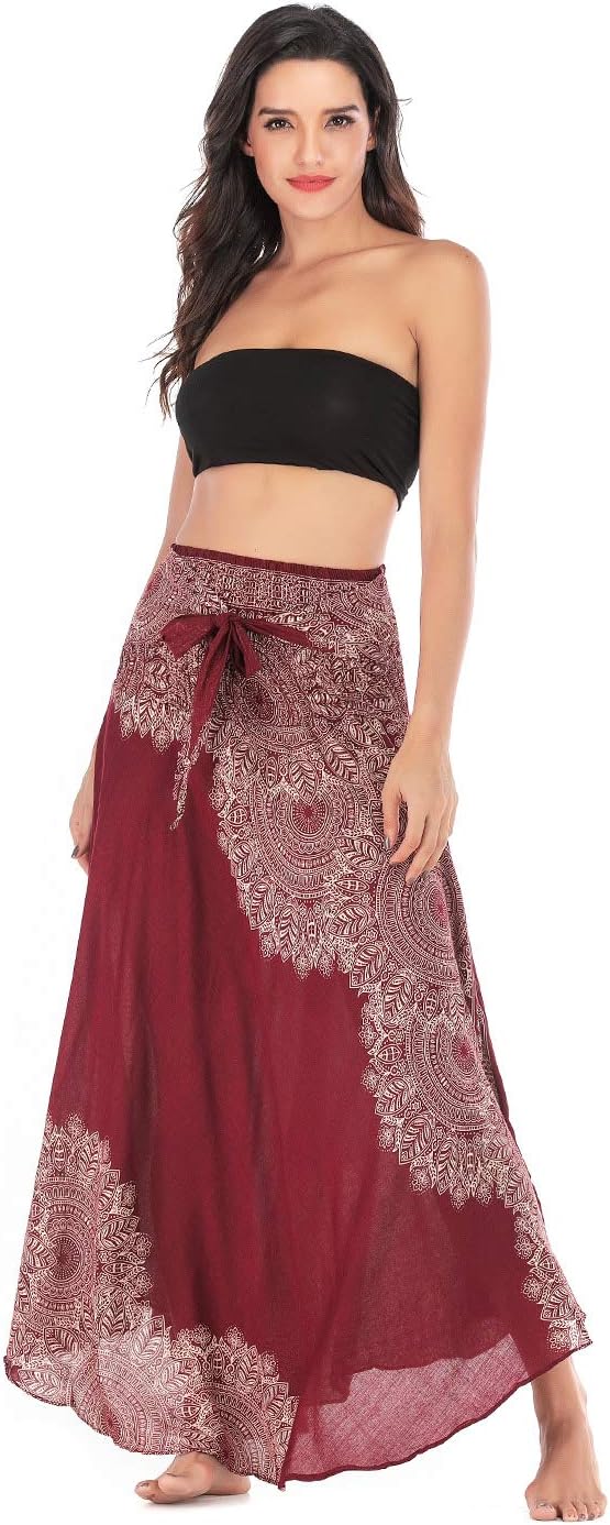 FEOYA 2 in 1 Rock Damen Lang Sommer Maxirock Boho Strandrock Blumen Hohe Taille Hippie Sommerkleid E