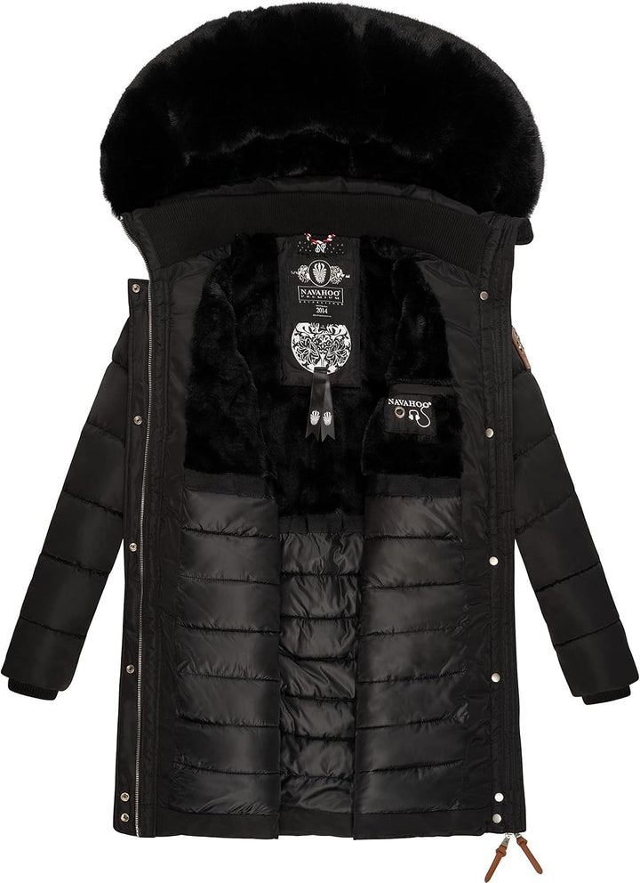 Navahoo Damen Wintermantel warmer Steppmantel lang mit abnehmbarer Kunstfell-Kapuze Paula XS-5XL XL