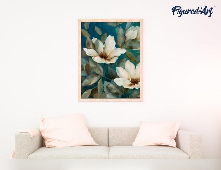 Figured'Art Malen Nach Zahlen Erwachsene Mit Rahmen Dunkelweisse Blumen - Paint by Numbers Basteln D
