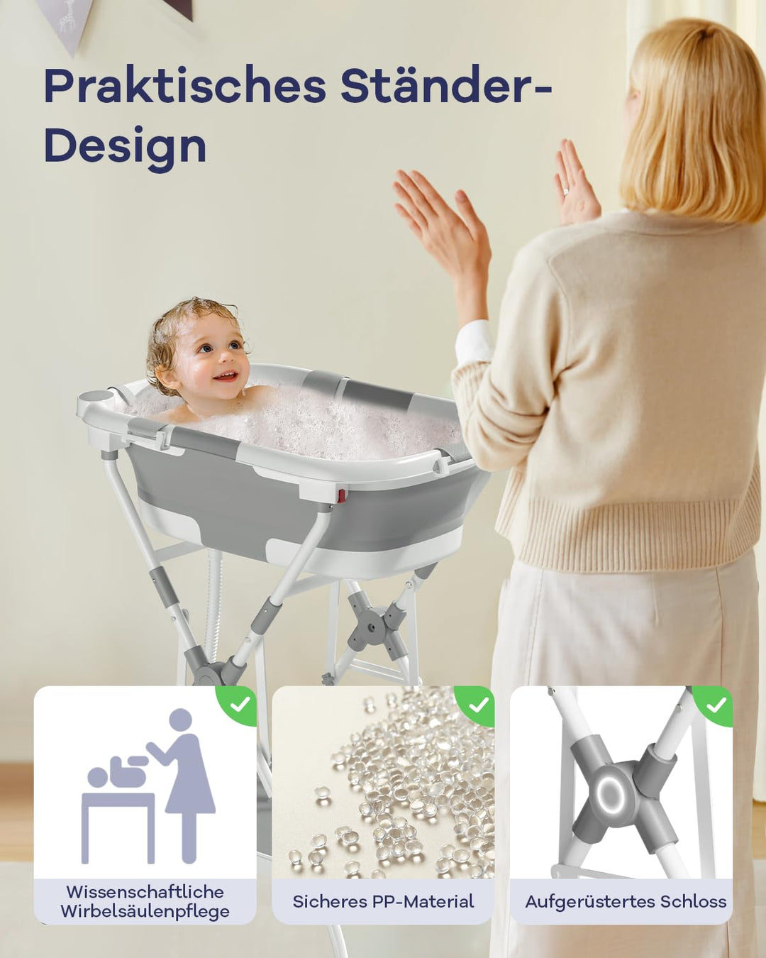 2-in-1 Baby Badewanne mit Gestell, Faltbare Badewanne Baby mit Badestütznetz, Geeignet für Neugebore
