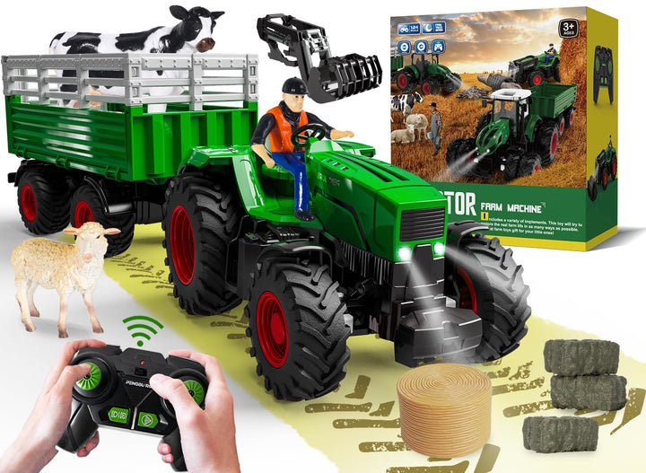 PENGBU RC Ferngesteuerter Traktor mit Anhänger, 2.4 GHz Traktor Ferngesteuert Spielzeug, Kindertrakt