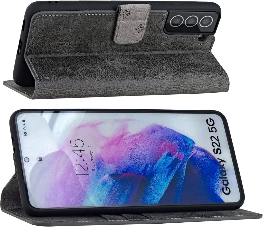 Suncase Book-Style Hülle kompatibel mit Samsung Galaxy S22 5G Leder Tasche (Slim-Fit) Lederhülle Han