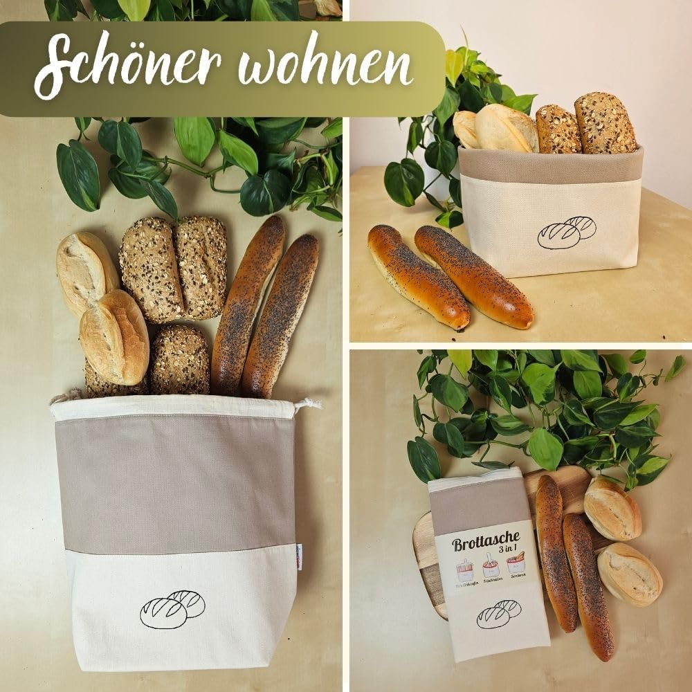 slowroom Brotbeutel zur Brotaufbewahrung und Frischhalten 3 in 1 - Brotkorb Stoff - Brottasche aus B