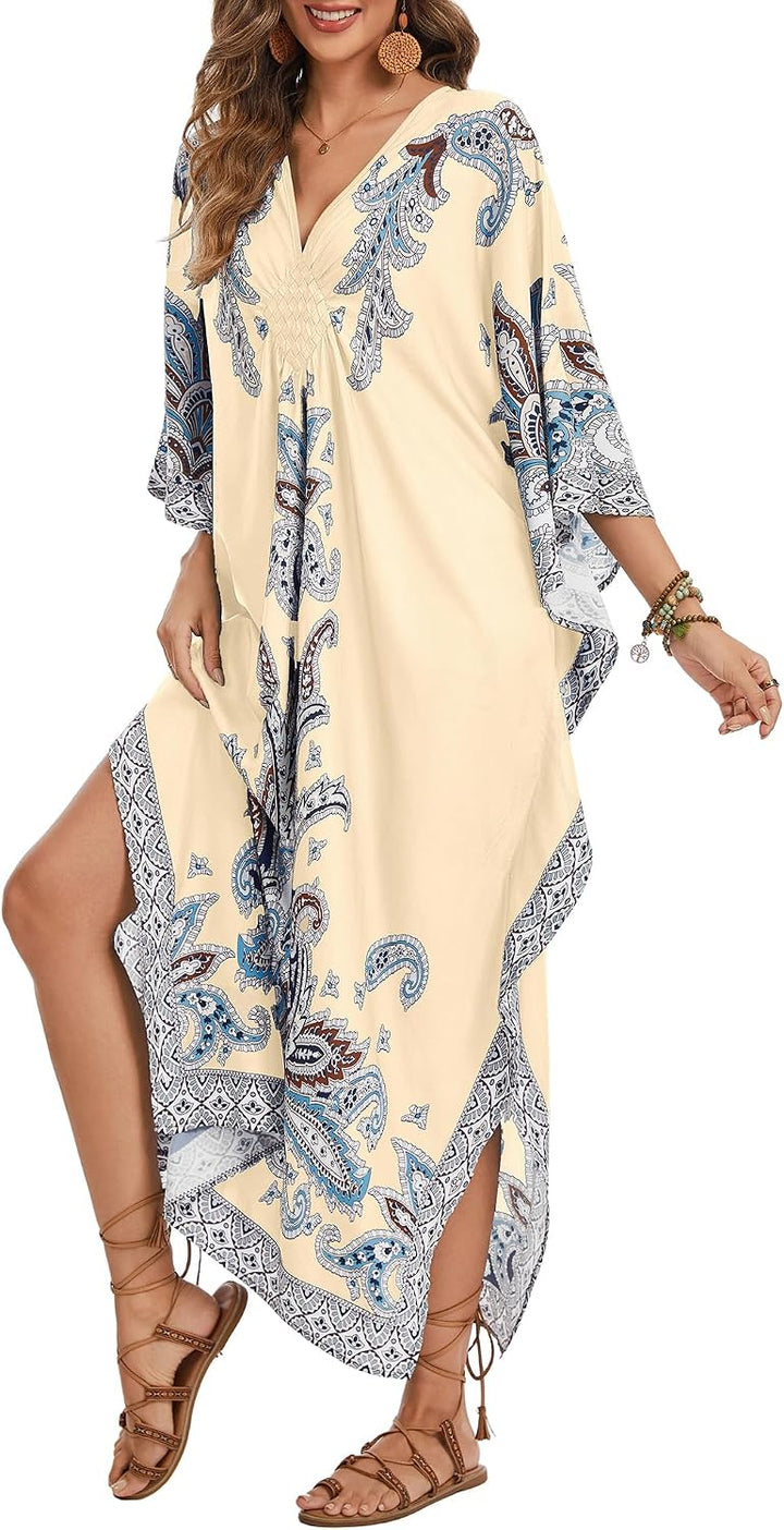 Bsubseach Frauen Plus Grösse Kaftan Kleid Badeanzug Druck Kaftan Strand Cover Up Kleid Aprikose-1, A