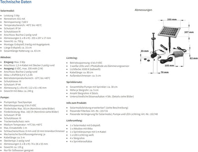 Solar Teichpumpe 5 Watt Solarmodul 160 l/h Förderleistung mit Akku und LED Beleuchtung 50 cm Förderh