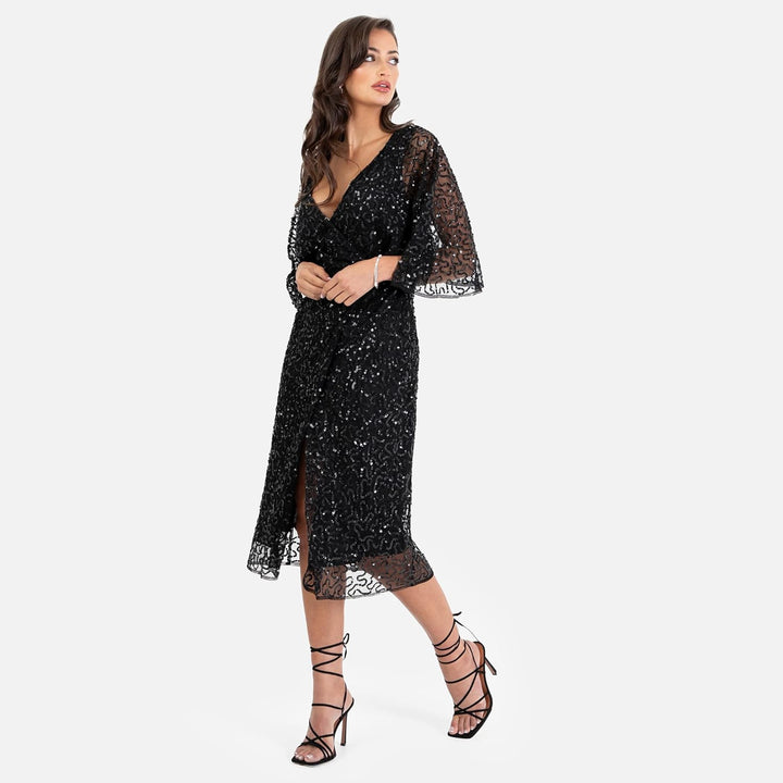 Maya Deluxe Damen Womens Midi Ladies Sequin Embellished Cape Sleeve Wrap Dress for Wedding Guest Bri