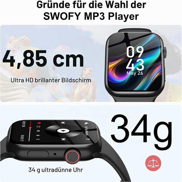 SWOFY MP3-Player – 32GB Speicher + Bluetooth 5.3, Touchscreen + HiFi-Aufnahme, Fitness-Tracker für S