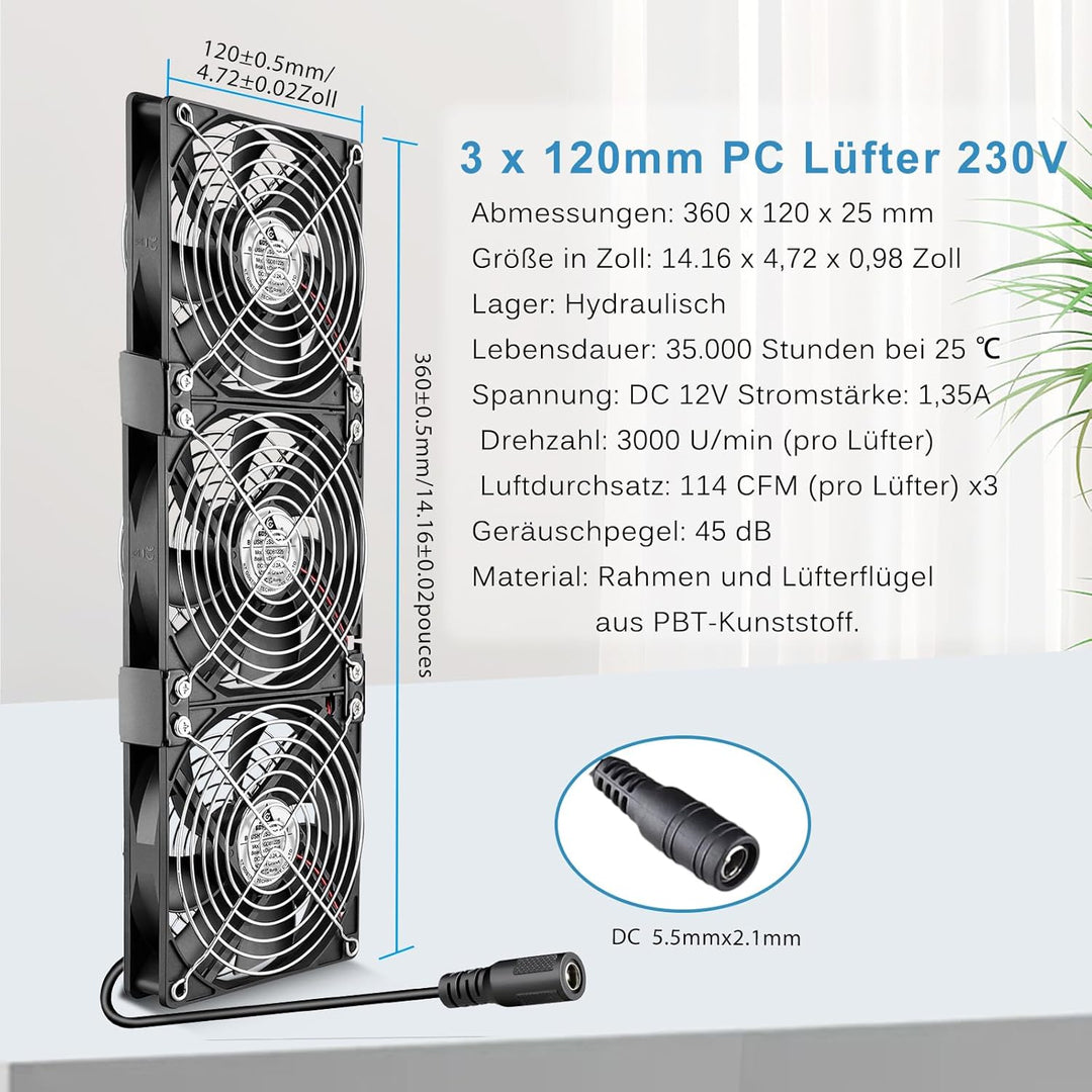 GDSTIME 360mm Gehäuselüfter 230V 3 x 120mm PC Lüfter 230V 120mm Lüfter 220V mit DC 4V -12V Regelbar
