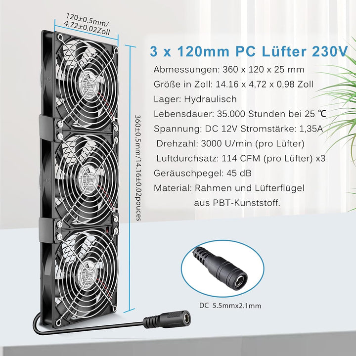 GDSTIME 360mm Gehäuselüfter 230V 3 x 120mm PC Lüfter 230V 120mm Lüfter 220V mit DC 4V -12V Regelbar