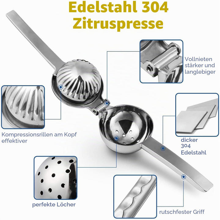 JOYIT Extra grosse Zitronenpresse aus Edelstahl – hochwertige robuste Zitronenpresse mit Silikongrif