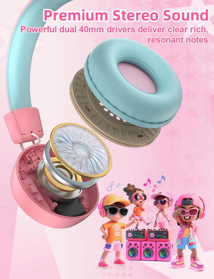 riyo Bluetooth Kopfhörer Kinder, Kinderkopfhörer Kabellos mit LED-Leuchten Bluetooth 5.0 Kinder Kopf