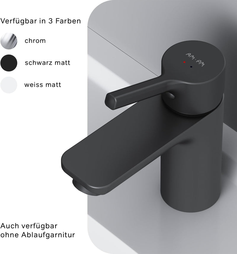 AM.PM Platzsparende Waschtischarmatur mit Zugstange und Ablaufgarnitur, Schwarz, Matt (X-Joy S FXB82