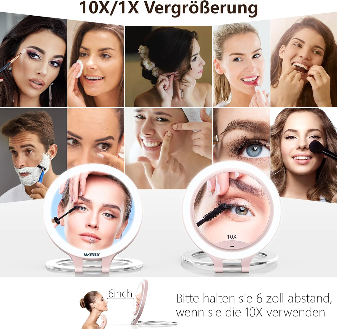 WEILY Schminkspiegel mit Beleuchtung, 10X/1X Vergrösserung Doppelseitiger Kosmetikspiegel mit 3 Farb