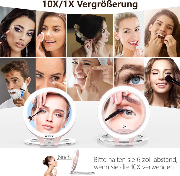 WEILY Schminkspiegel mit Beleuchtung, 10X/1X Vergrösserung Doppelseitiger Kosmetikspiegel mit 3 Farb