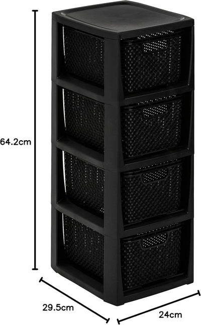 BranQ - Home essential Regal in Rattan Design, BPA-freie Kunststoff PP, Schwarz, 29,5 x 24 x 64,2 cm