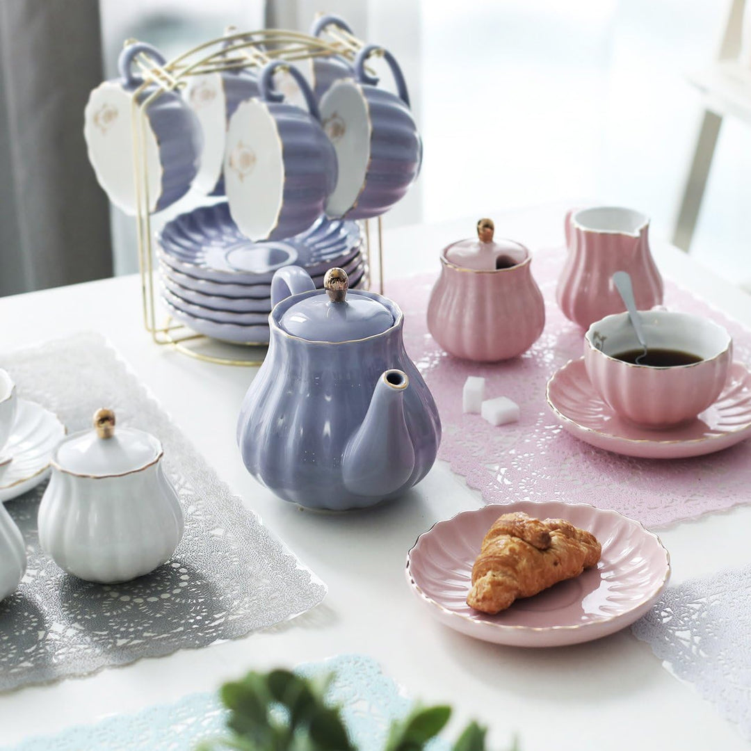 Sweejar Home 22 Stück Europäischen Stil Teeservice, Teetasse und Untertasse Set, Keramik Kaffeeset,