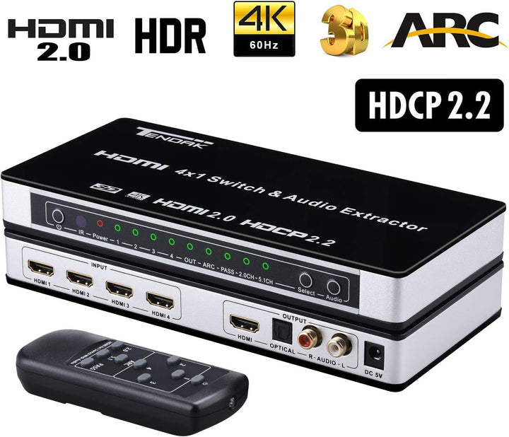Tendak HDMI 2.0 Switch 4 Port HDMI Umschalter 4K HDMI Verteiler HDMI Schalter 4 auf 1 mit Optisch un
