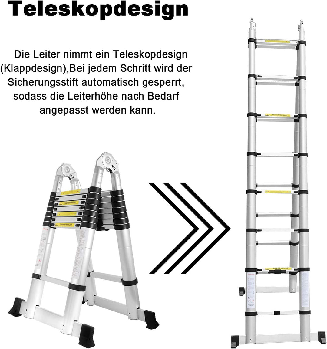 Eulenke 5M (2,5+2,5M) Teleskopleiter - Rutschfester Multifunktionsleiter 150 kg Belastbarkeit - Alul
