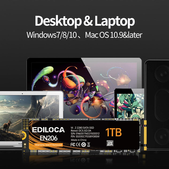 Ediloca 1TB M.2 SSD SATA III 6Gb/s, 3D NAND, Lesen bis zu 550MB/s, Schreiben bis zu 480MB/s, M.2 SAT