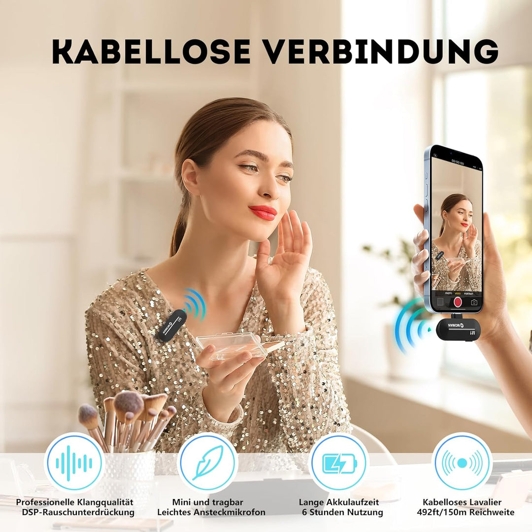 Moman Kabellos Mikrofon Handy Ansteckmikrofon für iPhone, Wireless Lavalier Mikrofon Lightning2.4GHz