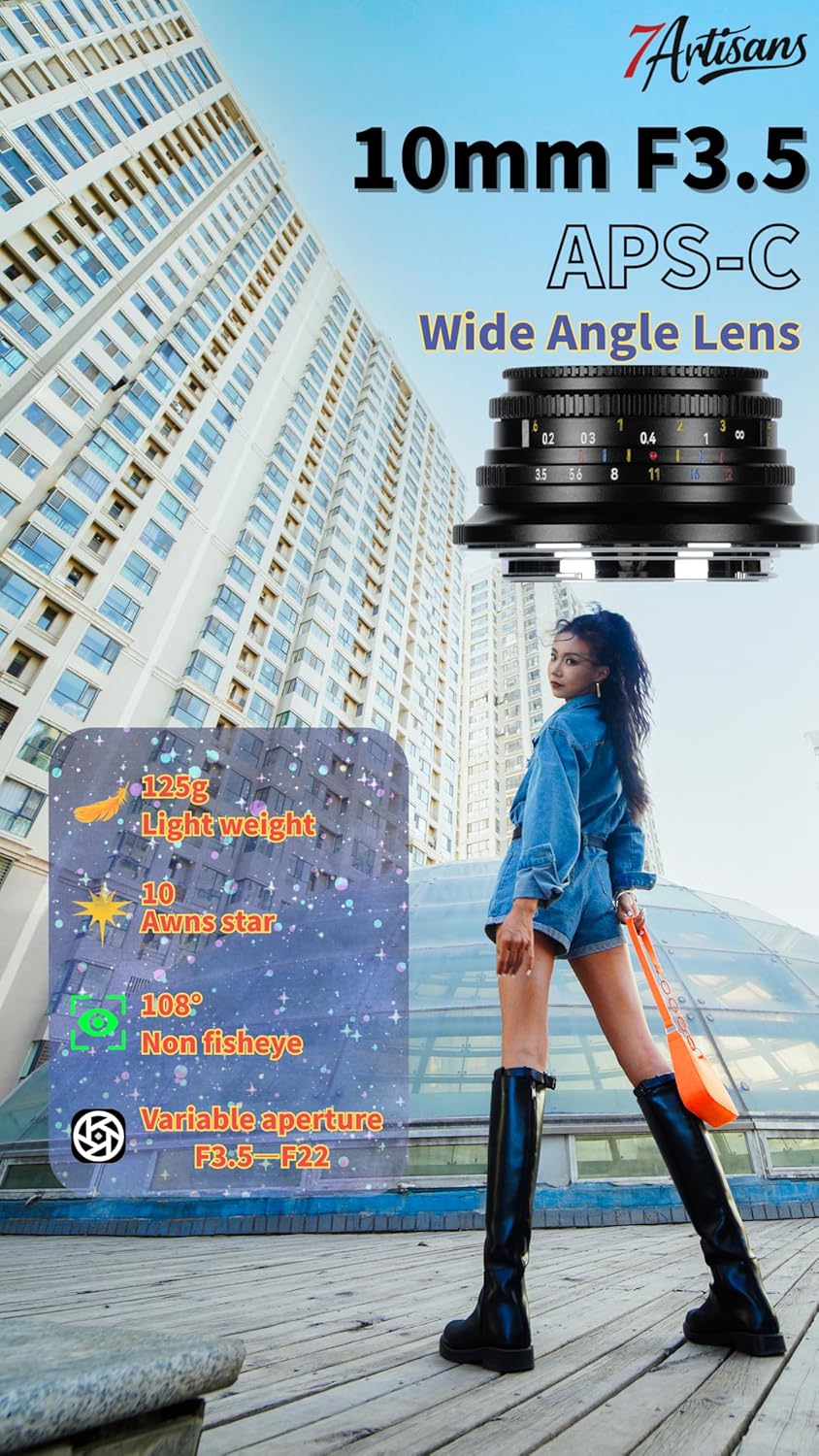 7Artisans 10mm F3.5 Pancake Ultraweitwinkel for Sony E-Mount Objektiv, APS-C manueller Fokus, 108°,1
