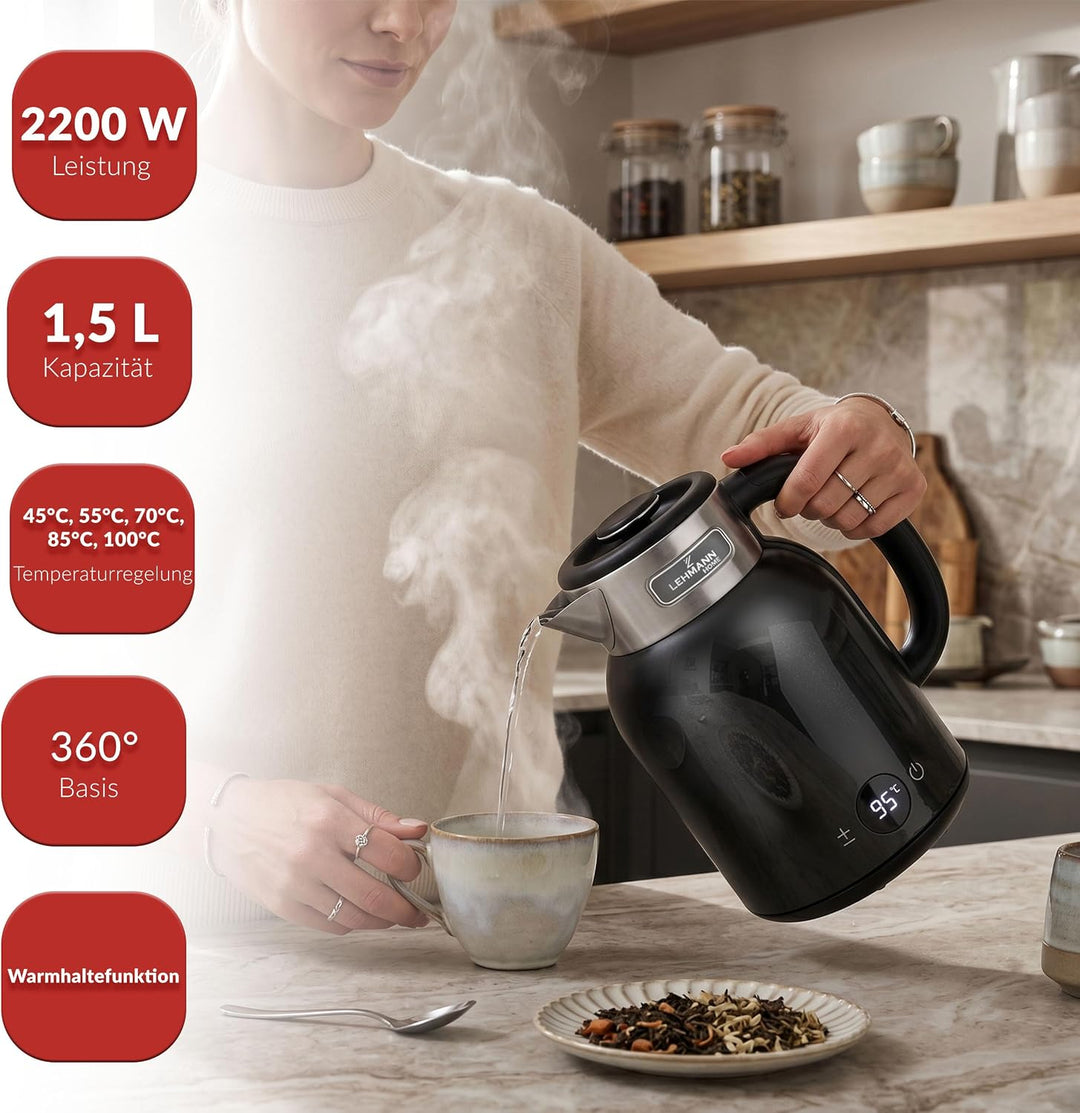 LEHMANN Wasserkocher 1,5L mit Temperatureinstellung 40-100°C, Warmhaltefunktion, LED-Display, Doppel