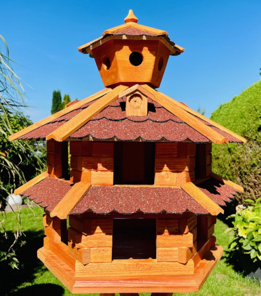 DARLUX Vogelvilla wetterfest von L bis XXL Futterhaus Vogelhaus mit oder ohne Ständer in Braun mit R