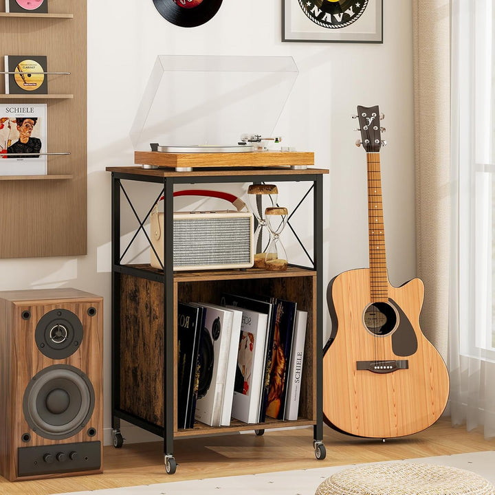 KOMFOTTEU Plattenspielerständer, Plattenregal mit Ladestation, Beistelltisch für Schallplatten mit h