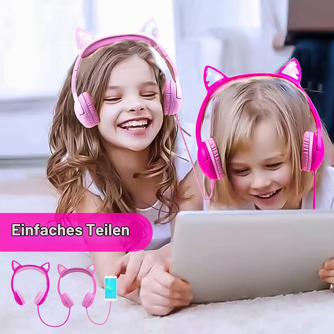 Olyre Toddlers Headphones with Microphone-85dB Safe Volume Limited and LED Light Up cat Ears Wired H