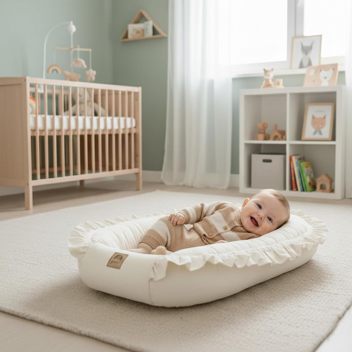PIMKO Babynest mit rüschen Babynestchen für Baby Kuschelnest Babykokon für Säuglinge und Neugeborene