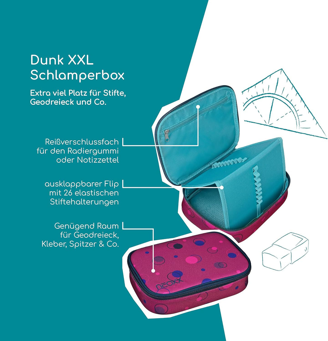 neoxx - Schlamperbox Dunk Bubble me Around – aus recycelten PET-Flaschen – Platz für EIN Geodreieck