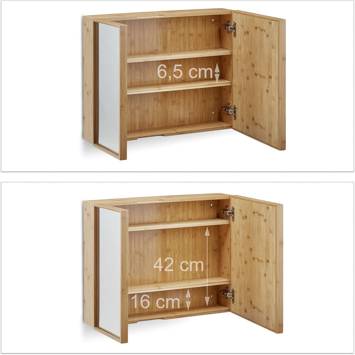 Relaxdays Bad Spiegelschrank 2-türig, Wandschrank aus Bambus, vormontierter Badschrank HxBxT: 50 x 6