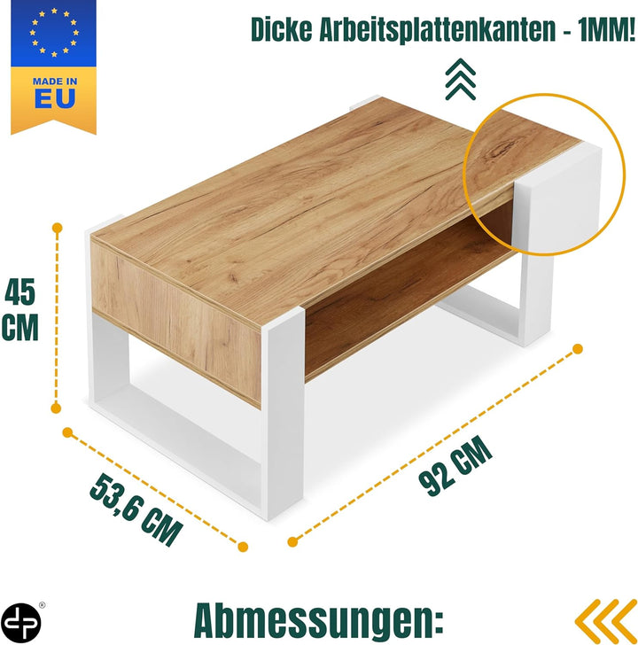 defiPad® Grosser Couchtisch mit Stauraum | Modern Wohnzimmertisch Eiche | 92CM Breite Kaffeetisch |