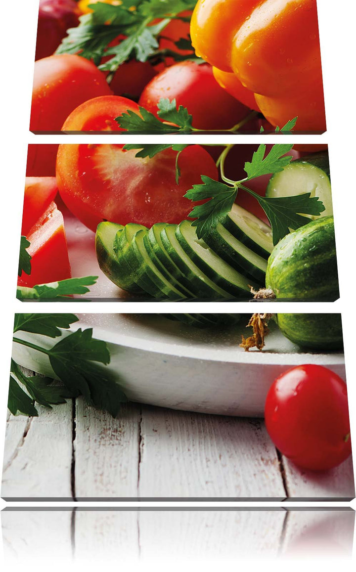 Pixxprint Obst Gurke Gemüse Salat Essen Tomate 3-Teiler Leinwandbild 120x80 Bild auf Leinwand