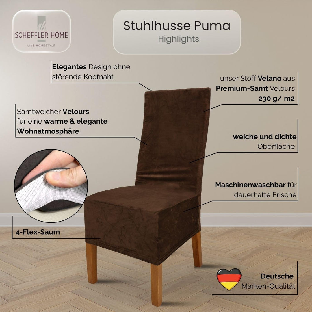 SCHEFFLER-Home Stretch Stuhlhussen Samt Puma Velvet/Velours Stuhlhussen Braun 2er Set/Stuhlabdeckung