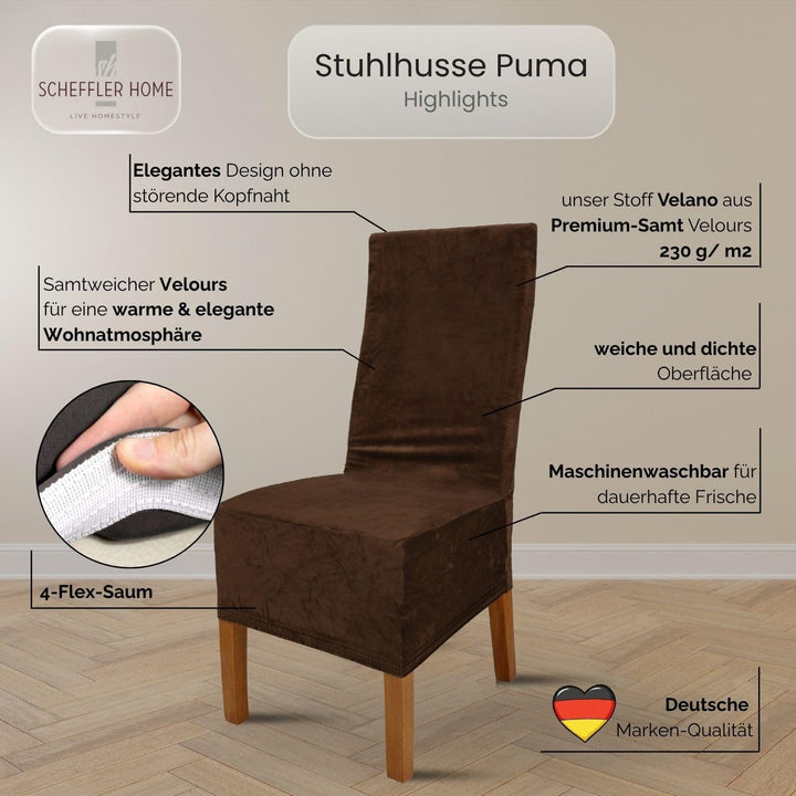 SCHEFFLER-Home Stretch Stuhlhussen Samt Puma Velvet/Velours Stuhlhussen Braun 2er Set/Stuhlabdeckung