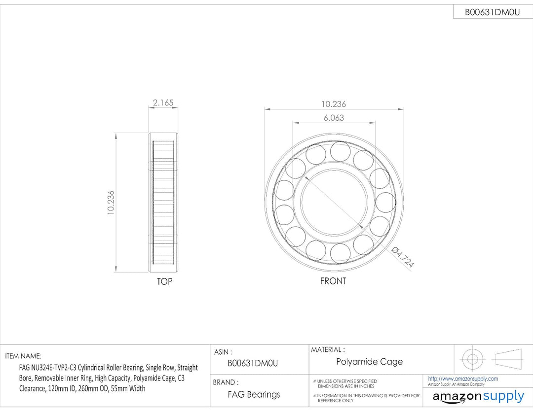 FAG nu324e-tvp2-c3 Zylindrische Roller Bearing, einreihig, gerade Bohrung, abnehmbarer Ring innen, H