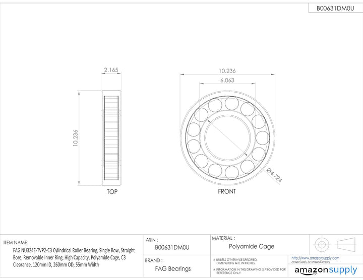FAG nu324e-tvp2-c3 Zylindrische Roller Bearing, einreihig, gerade Bohrung, abnehmbarer Ring innen, H