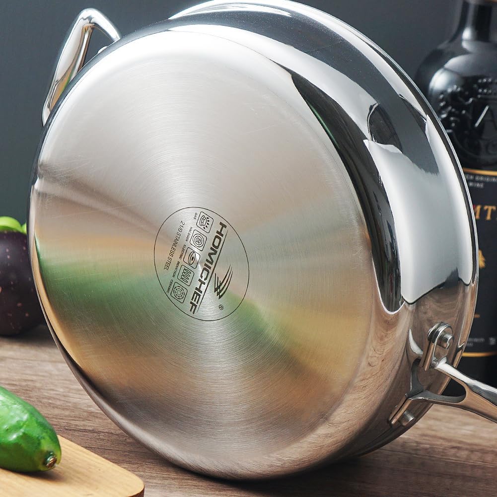 HOMICHEF Spiegelpolierte, nickelfreie Edelstahl-Sautépfanne mit Glasdeckel (keine giftige Antihaftbe