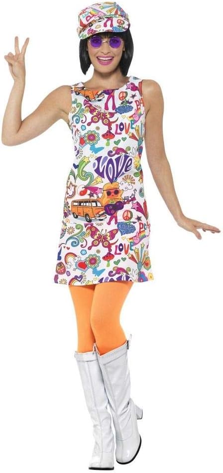 shoperama 60's Groovy Damen Kleid mit Ballon-Kappe A-Linie Mini-Rock 60er Jahre Sixties Twiggy Flowe