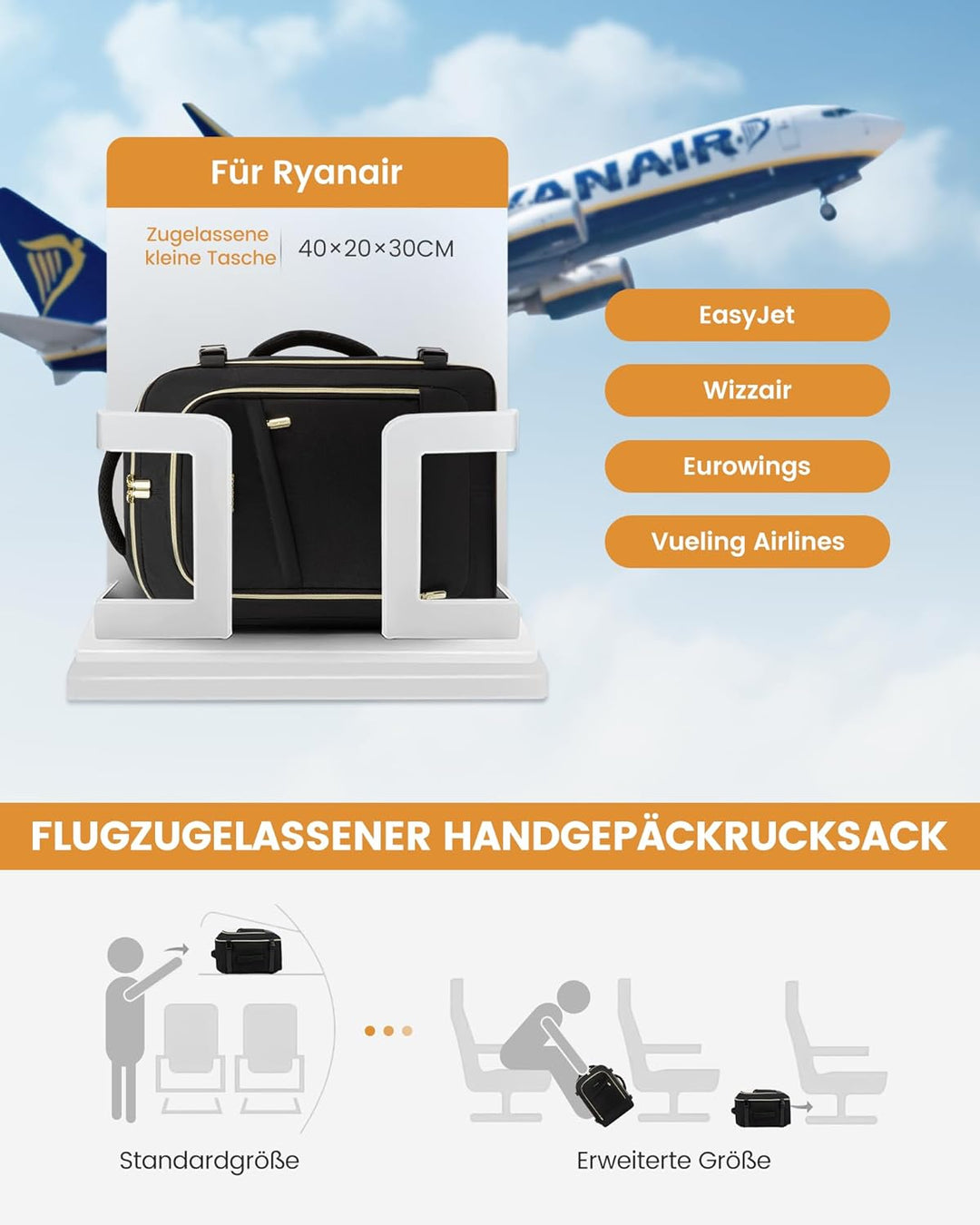 LOVEVOOK Ryanair Handgepäck 40x30x20, 24L Travel Handgepäck Rucksack für Damen und Herren, Ryanair R