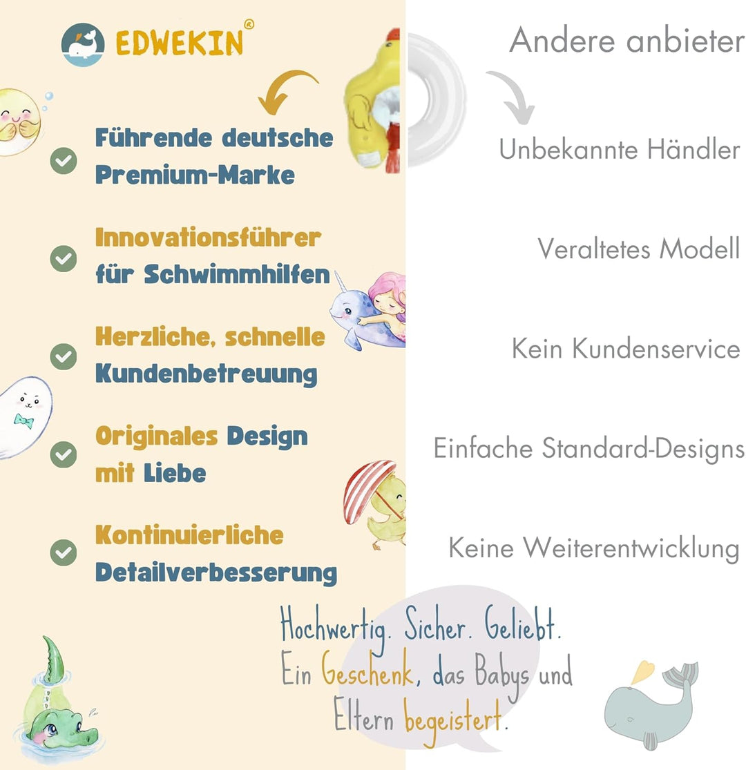 EDWEKIN® Premium Baby Schwimmring mit Sonnendach | Süsser Enten-Schwimmreifen mit UV-Schutz 50+| Sch