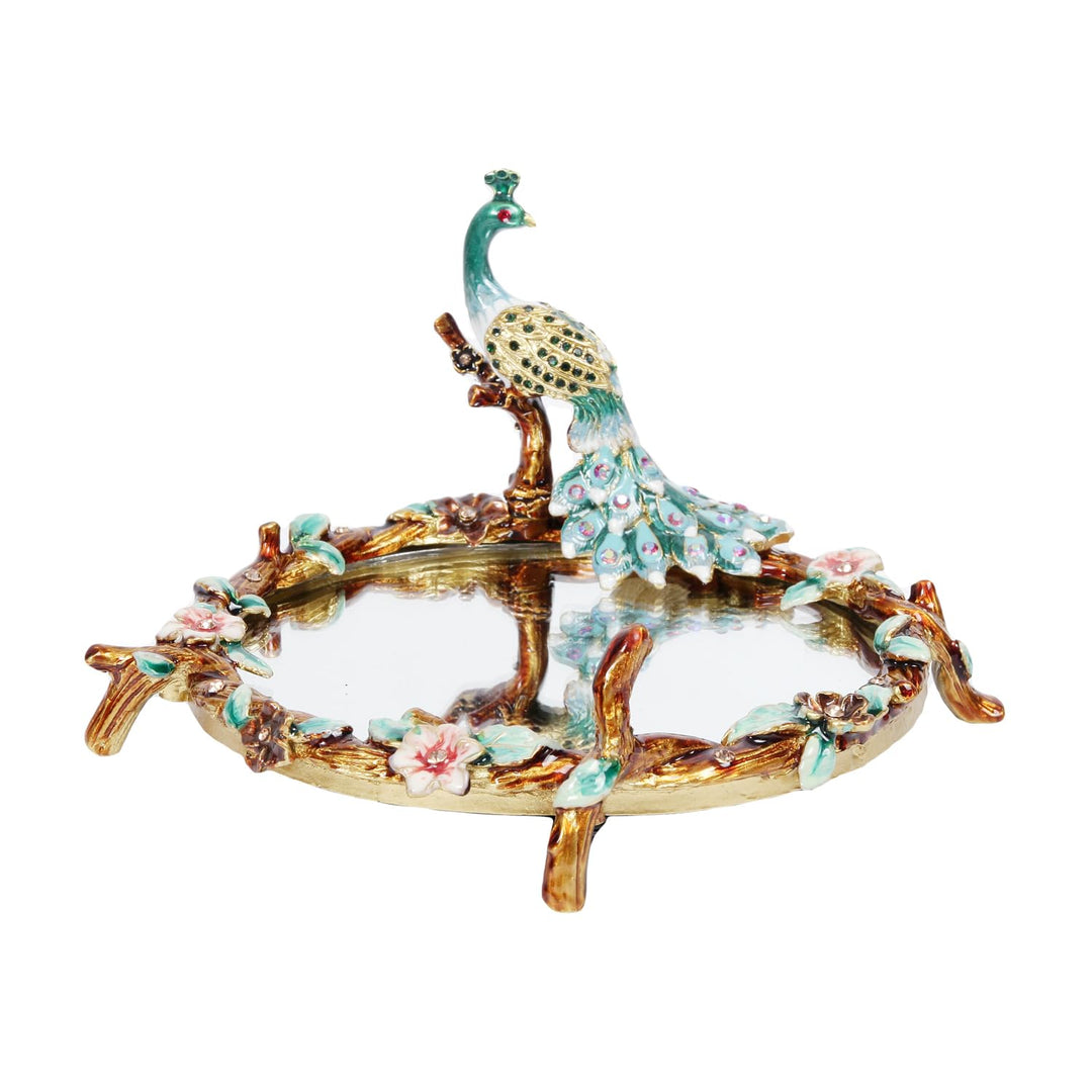 Decorative Peacock Vanity Mirror Tray, Enamelled Metal with Floral Design, Turquoise and Gold