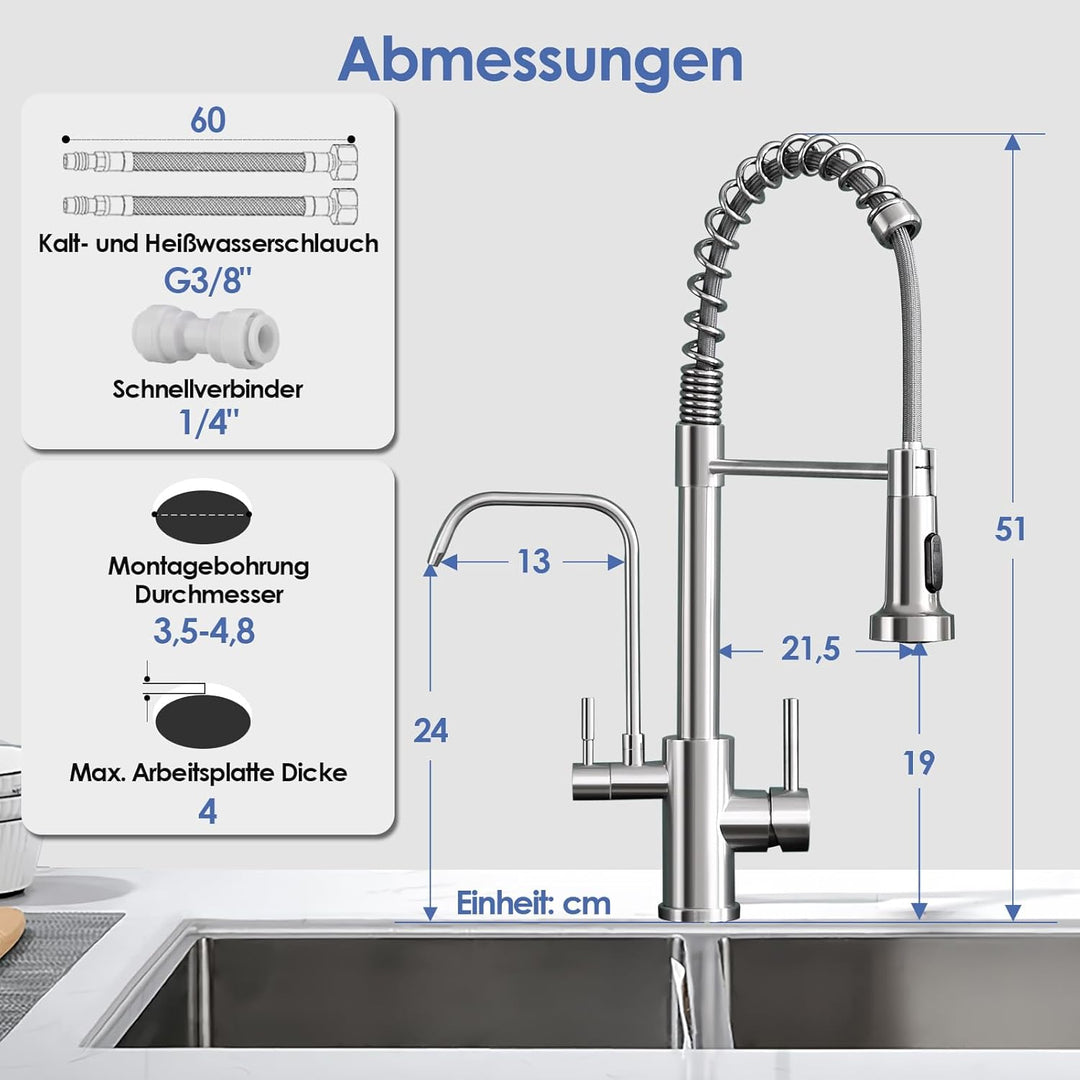 ROVOGO 3 Wege Wasserhahn Küche mit Filter, Küchenarmatur Hochdruck mit Herausziehbare Dual-Spülbraus
