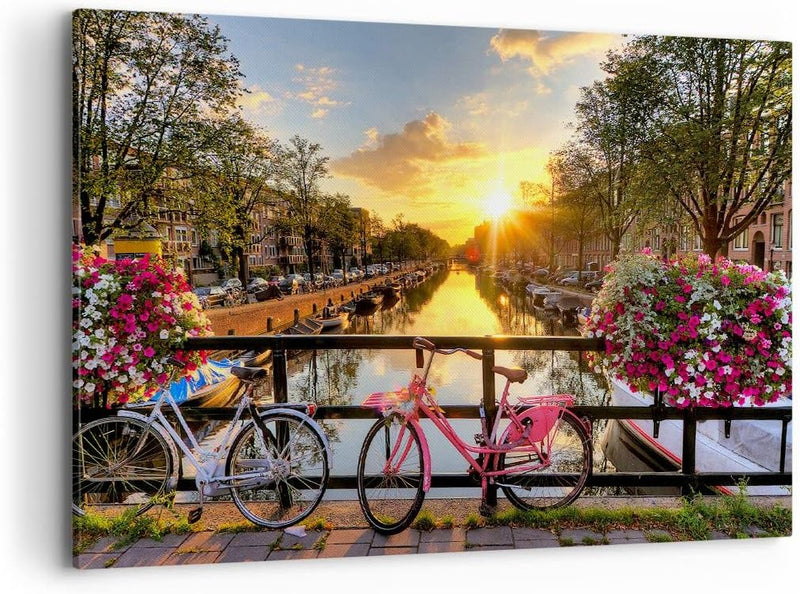 Bilder auf Leinwand 100x70cm Leinwandbild Bikes Kanal Amsterdam Architektur Gross Wanddeko Bild Schl