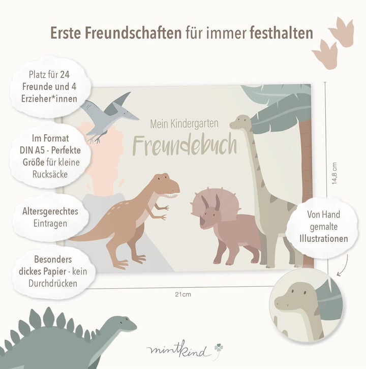 mintkind® „Meine Freunde“ Freundebuch Dino | für Junge und Mädchen | Freundschaftsbuch Kindergarten,