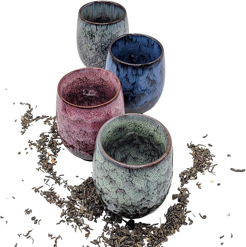 NBCDY Japanische Teetasse, Keramik-Teetassenset, handgefertigtes 4er-Set, mehrfarbige, flammglasiert